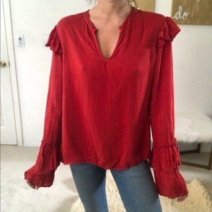MAVEN WEST Anthropologie Small Red Semi-Sheer, V-Neck, Ruffle, Oversized Top